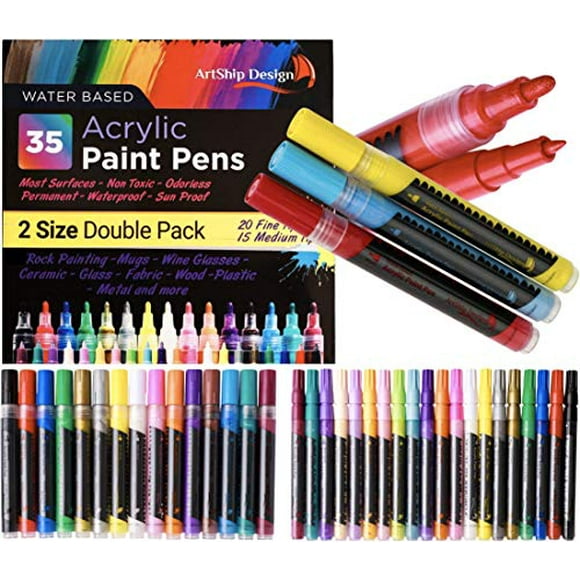 35 Stylos de Peinture Acrylique de Qualité Supérieure, Paquet Double de Pointe Extra Fine et Moyenne, pour Peinture sur Pierre, Tasse, Céramique, Verre et Peinture sur Tissu, à Base d'Eau, Non Toxique et Sans Odeur