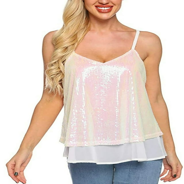 PENGXIANG Débardeur Sans Manches à Sequins pour Femmes avec Volants Transparents Bretelles Réglables Vêtements d'Été