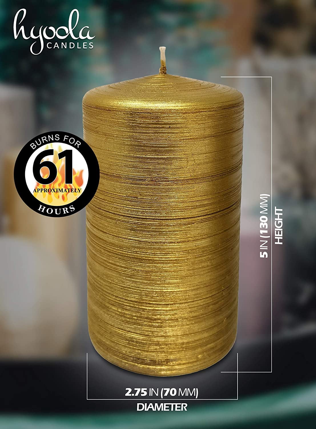 Hyoola, 2.75 x 5 Unscented Gold Brushed Metallic Rustic Pillar Candles, Paraffin Wax with Cotton Wicks, 6-Pack