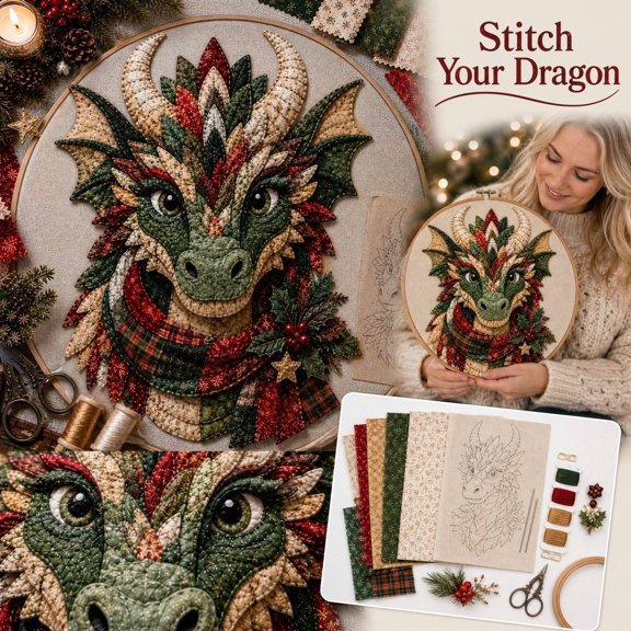 Dragon Patchwork DIY Kit, Fabric Sewing Craft Set for Beginner | Mystical Animal Wall Decor, Handmade Quilted Art Project, Woodland Fantasy Gift for Adults