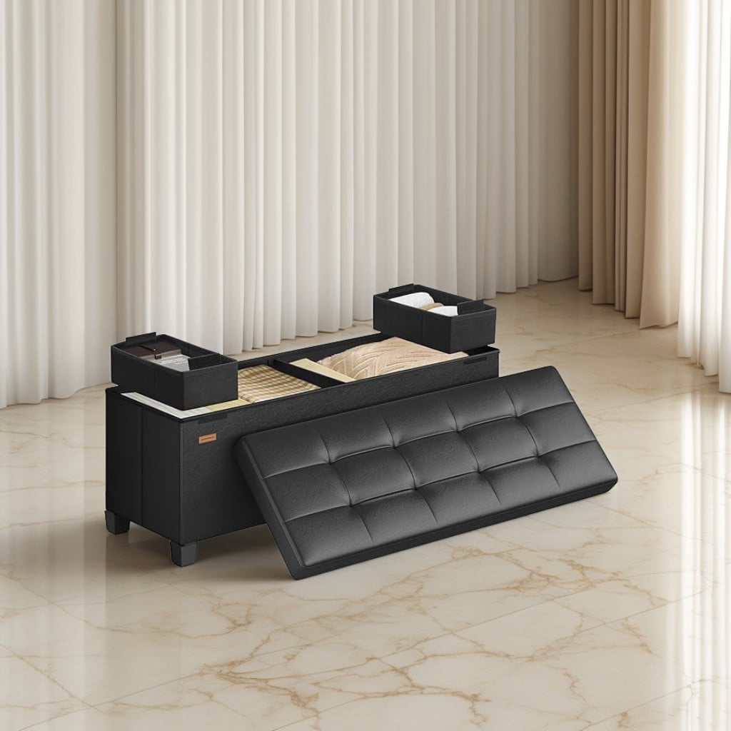LEDREM 43-Inch Storage Ottoman Bench, 660 lb Capacity Foldable Footrest with 30 Gallon Storage, Synthetic Leather, Ink Black