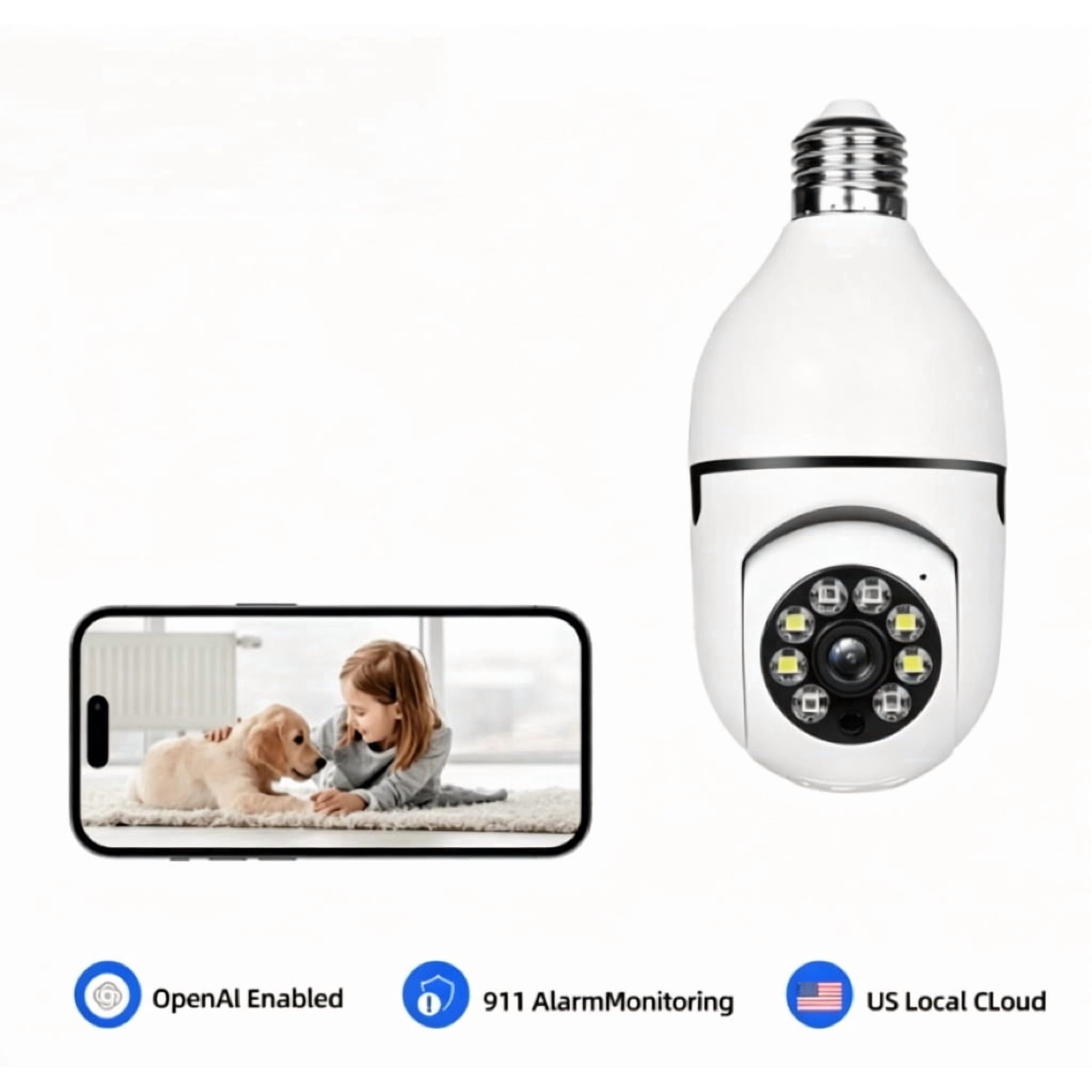Wireless 2K Security Bulb Camera with 1 USB Charging Cables, 1 Bulb Bases, White, (1 Pack)