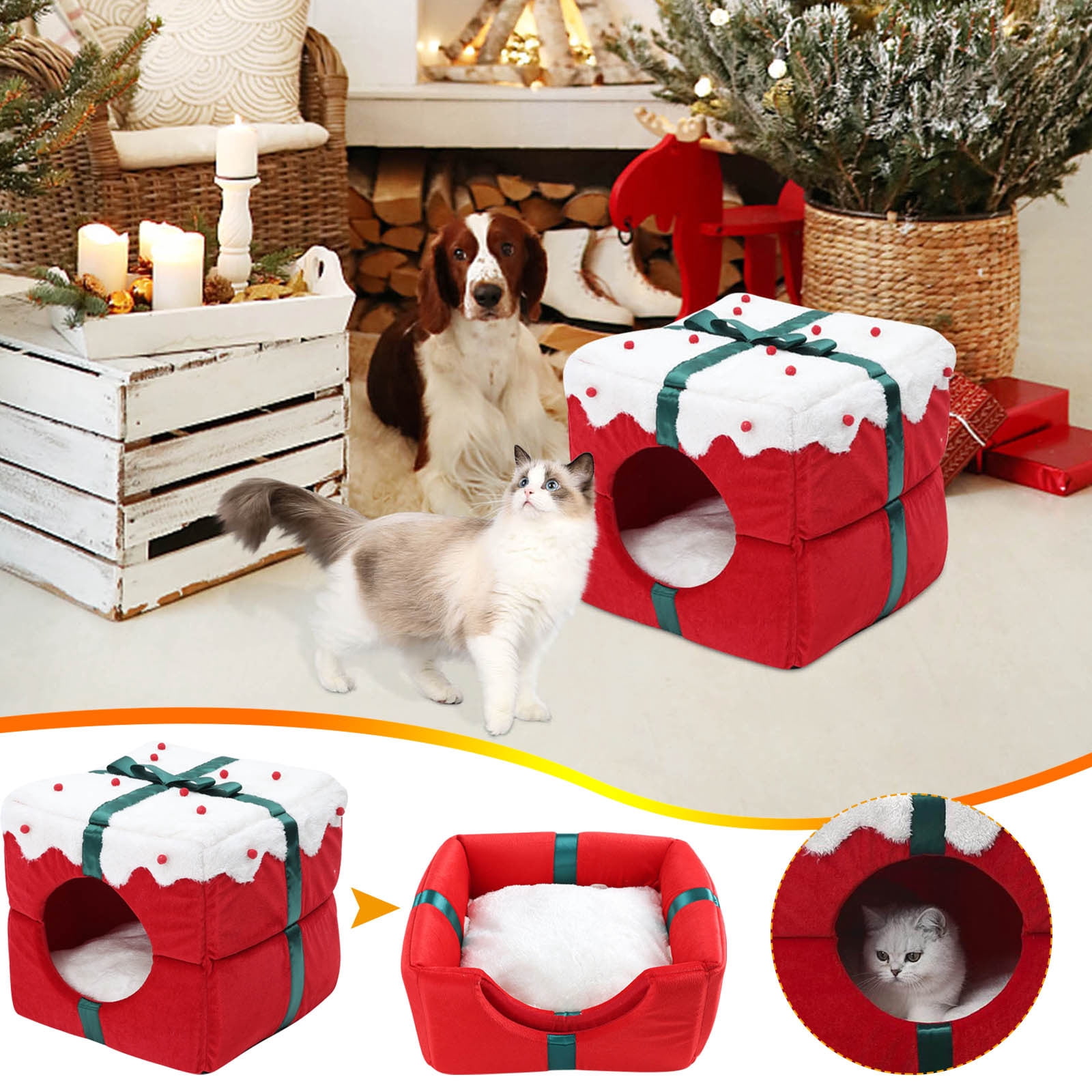 Matoen Christmas Cat Beds for Indoor Cats - Large Cat Cave for Pet, Foldable Santa Cat Hideaway