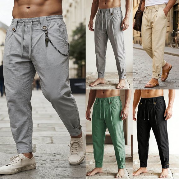 LIaqionyy Men's Pants Lightweight Drawstring Elastic Waist Straight Leg Casual Fashion Trousers with Pockets