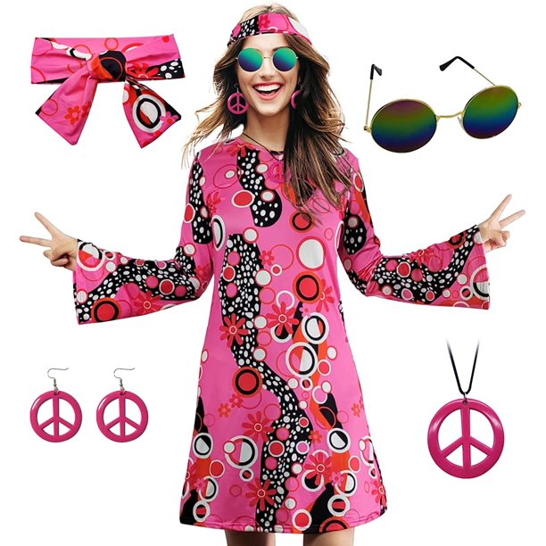 6 Pcs Set 70s Hippie Dress Costumes For Women, 60s Party Costume, Retro ...