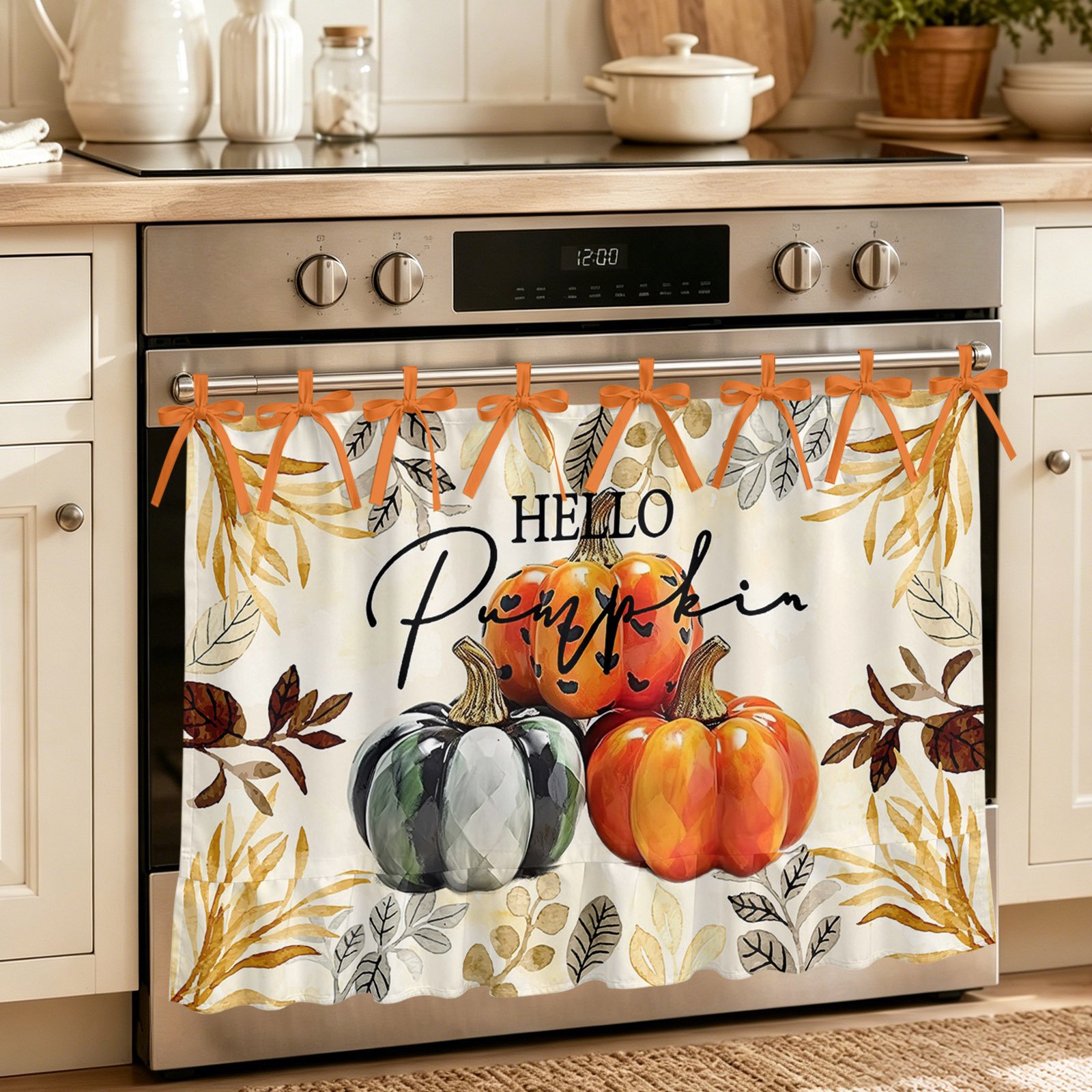Oven Curtain for Kitchen Fall Thanksgiving Orange Pumpkin Stove Curtain With Ruffled Trim Dishwasher Curtains Autumn Watercolor Leaves Seamless Oven Skirt 32 x24