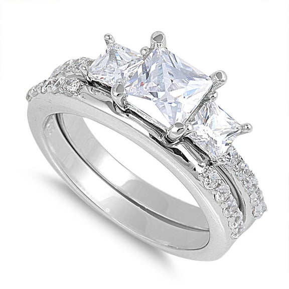 Three Princess Cut Center with Round Stones Cubic Zirconia Wedding Set Ring Sterling Silver 925