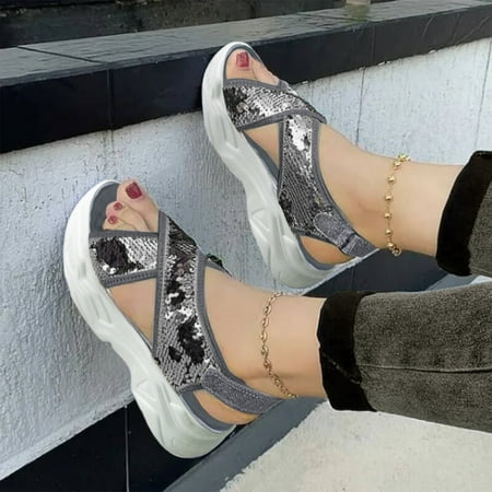 

Sunhillsgrace Shoes For Women Sandals Women s Fashion Summer Sequins Large Size Thick Bottom Hook&Loop Beach Sandals