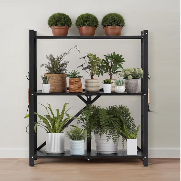 3-Tier Foldable Storage Shelf, 30W x 13D x 36H Inch Folding Metal Rack Shelving Unit with Wheels & Hooks for Kitchen Pantry Garage