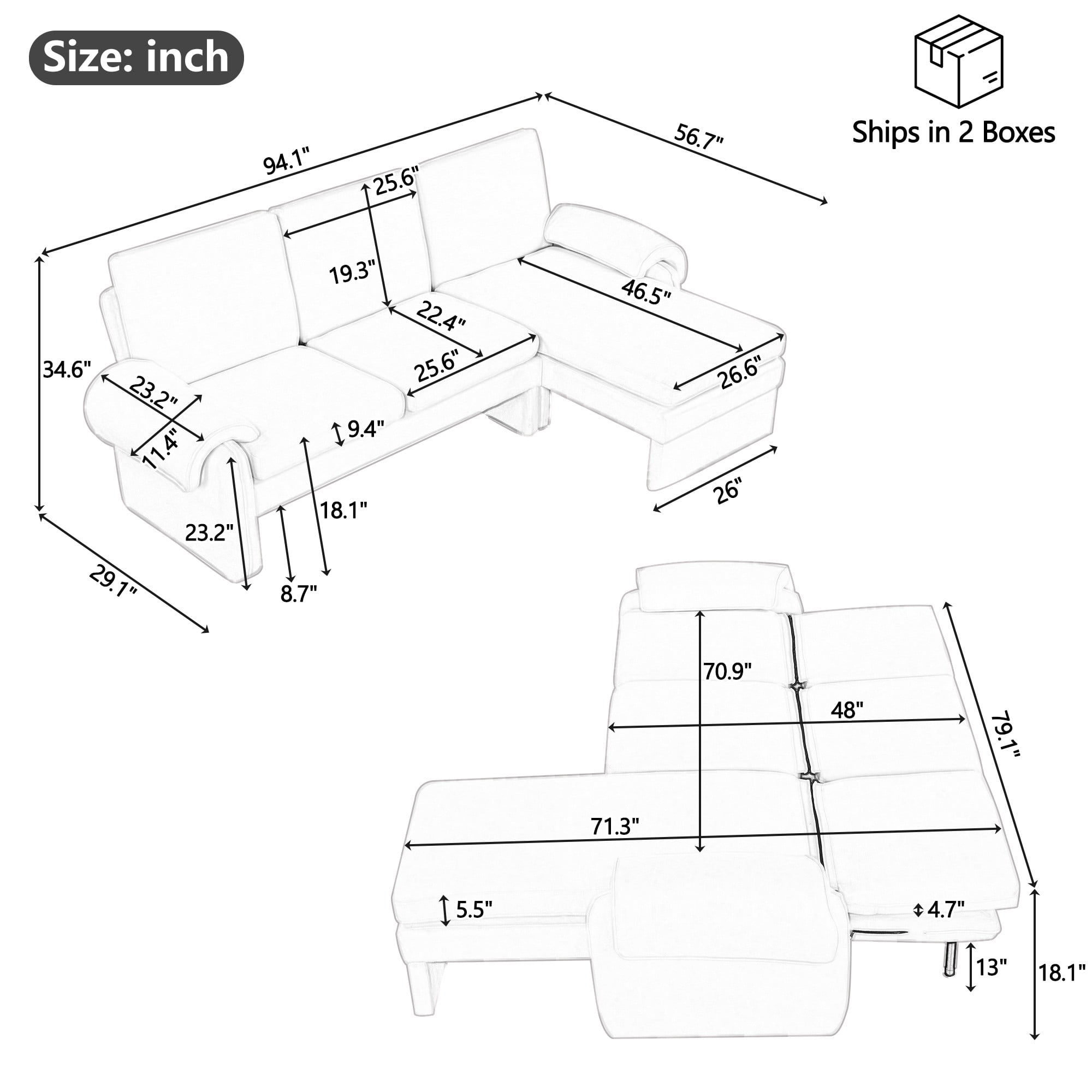 94.1" Convertible Futon Sofa Bed,Futon Sofa Couch with Adjustable Backrest,Reversible Chaise Lounge and Two Removable Armrest Pillows for Living Room,Gray
