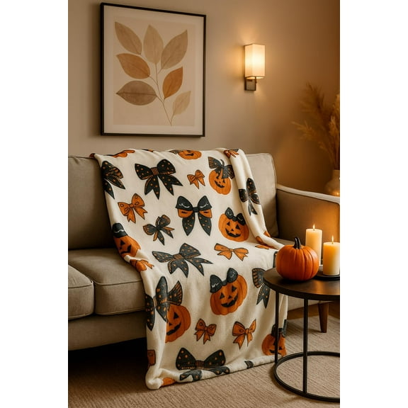 Halloween Plush Blanket 60x70 – Soft Long Hair Throw with Cute Ghost & Candy Designs, Cozy Pink & Black Decorative Blankets for Couch, Bed & Halloween Décor (Pumpkin Ribbon)
