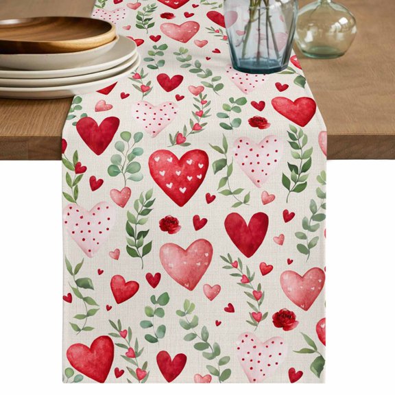 Valentines Table Runner 72 Inches, Pink Red Love Heart Green Botanical Spring Bed Runner Dresser Scarves Tabletop for Indoor Outdoor Parties/Ceremony/Banquet, 13" x 72"