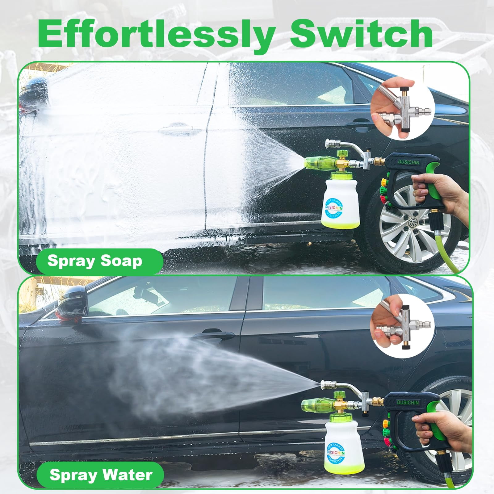 DUSICHIN Short Pressure Washer Gun with Foam Cannon,Dual Connector Accessory, Car Wash Foam Cannon Kit 1/4 Inch Quick Connector, 5 Pressure Washer Nozzle Tips,Double Tip End For Soap Cannon DUS2703