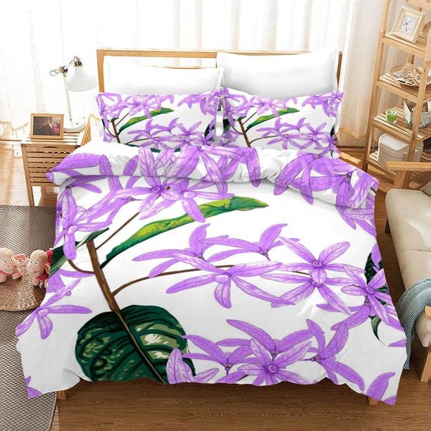3D Dibujado a mano púrpura Floral Funda de edredón Set Ropa de Cama Funda Nórdica Fundas de almohada