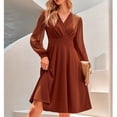 thumbnail image 2 of Vestido de manga larga de jacquard para mujer, cintura alta, cuello en V, vestido de línea para uso diario y formal, color caramelo XL, 2 of 6