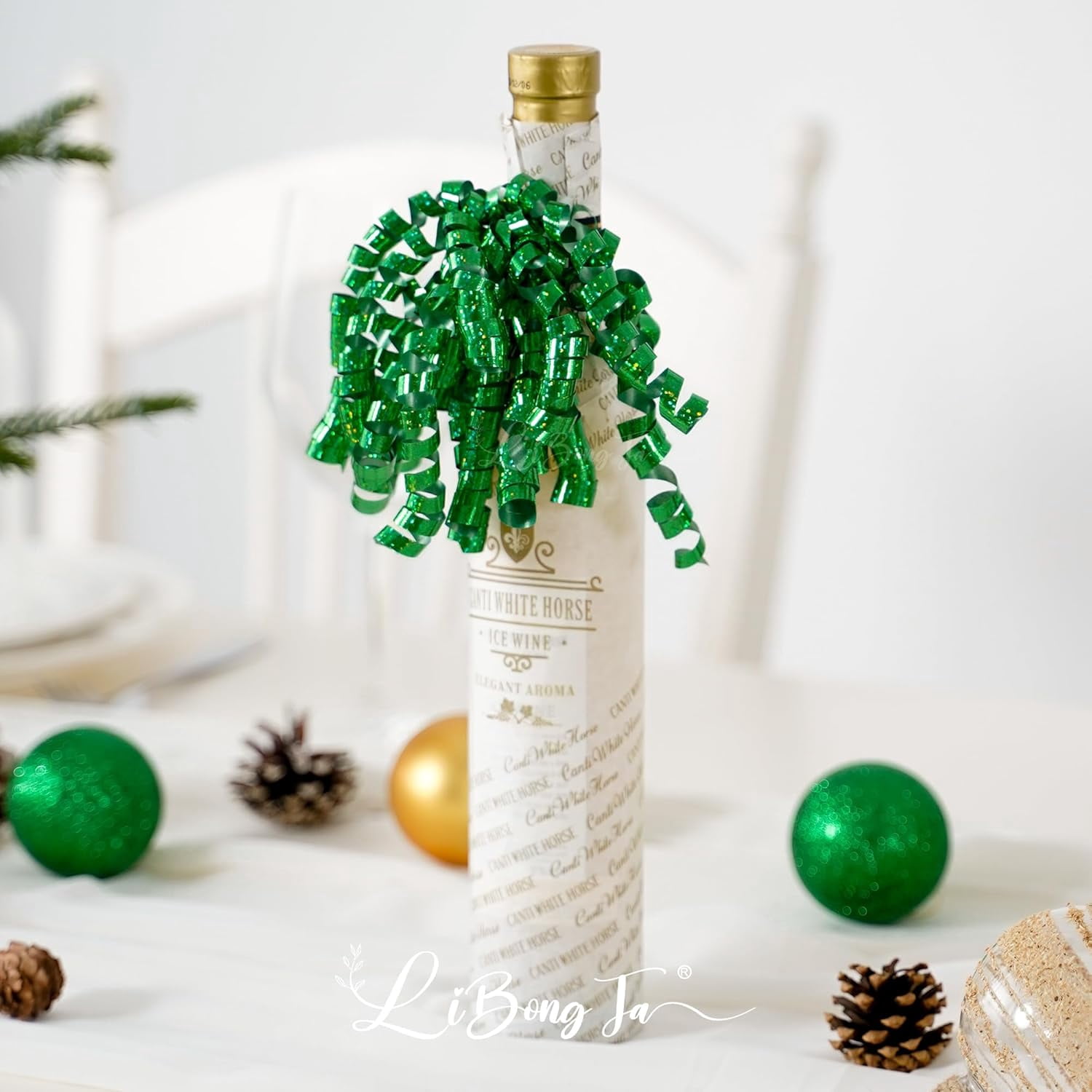 12 PCs Green Bows for Gift Wrapping 5 Inch Self Adhesive Curly Ribbon Bow for Party Favor, Gift Wrap Accessory, Metallic Christmas Bows, Premade Bows for Presents, Wine Bottles, Baskets