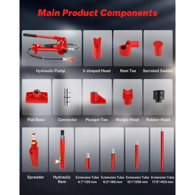 Yiwa Kit de Cric Hydraulique Portable 4 Tonnes, 17 Pcs Accessoires Inclus, pour Réparation Auto, Alignement de Cadre et Utilisation en Garage