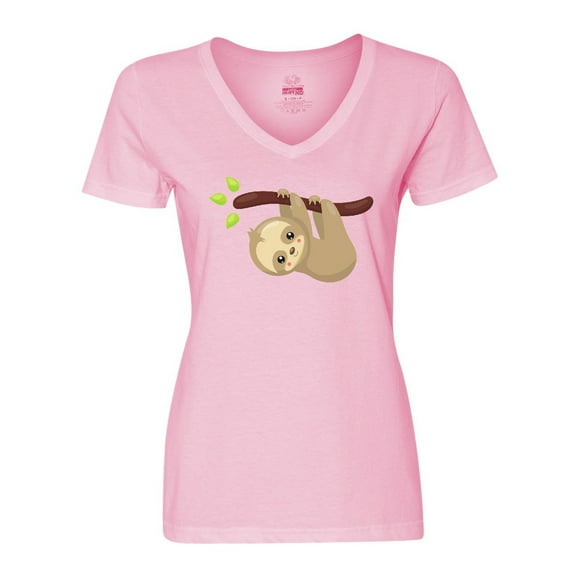 Inktastic Cute Sloth Hanging From Tree Branch, Lazy Sloth Women's V-Neck T-Shirt