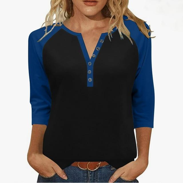 Women's Henley Tunic 2025 - 3/4 Sleeve Raglan | Dressy Cotton Button Blouse