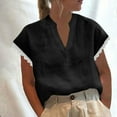 thumbnail image 2 of GigrtiJin Womens V-Neck Lace Patchwork Tops Solid Color Linen Short Sleeved Blouse Summer Cotton Comfy Shirt, 2 of 8