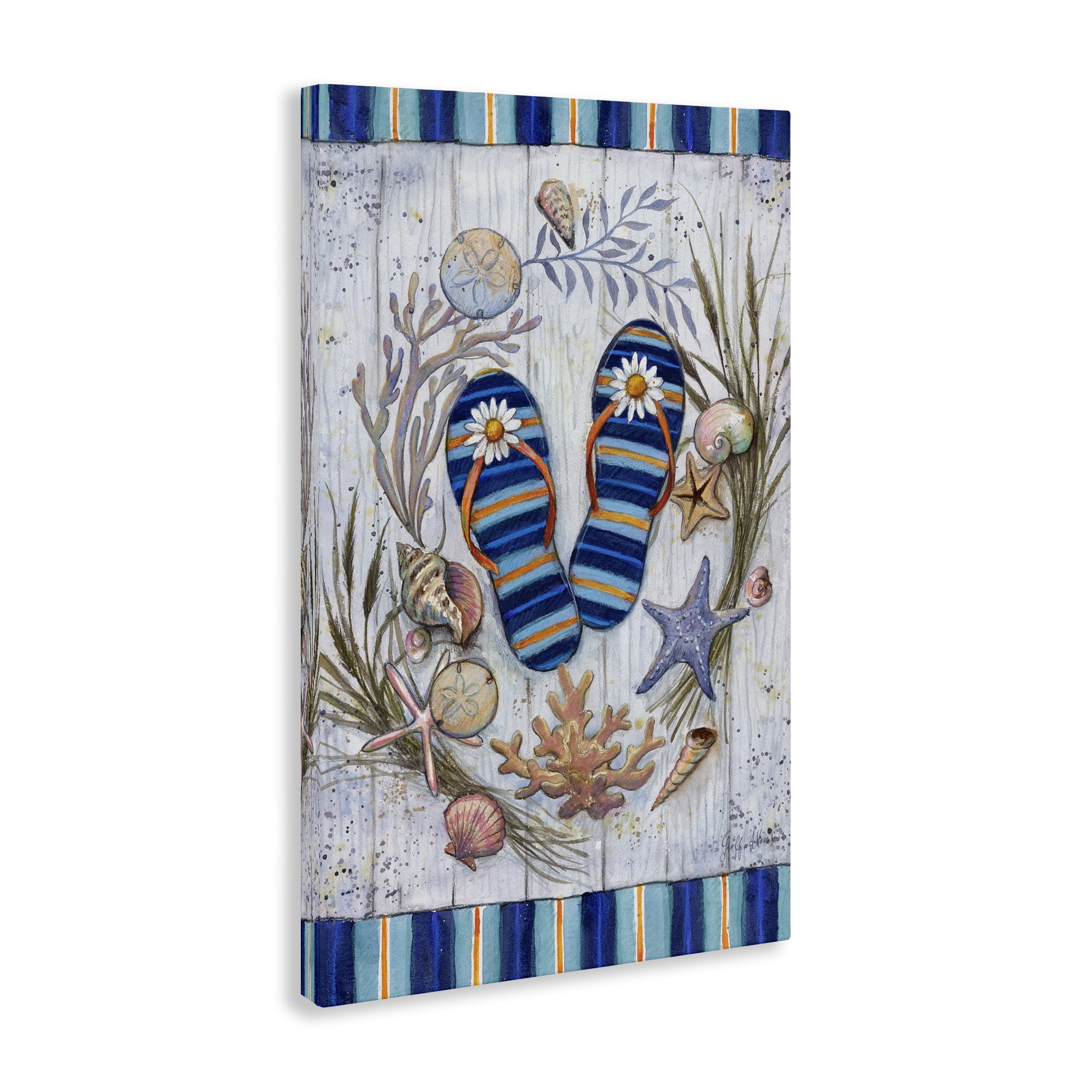Stupell Industries Coastal Wreath & Flip Flops Nautical & Beach Painting Wrapped Canvas Art Print Wall Art, 16 x 24