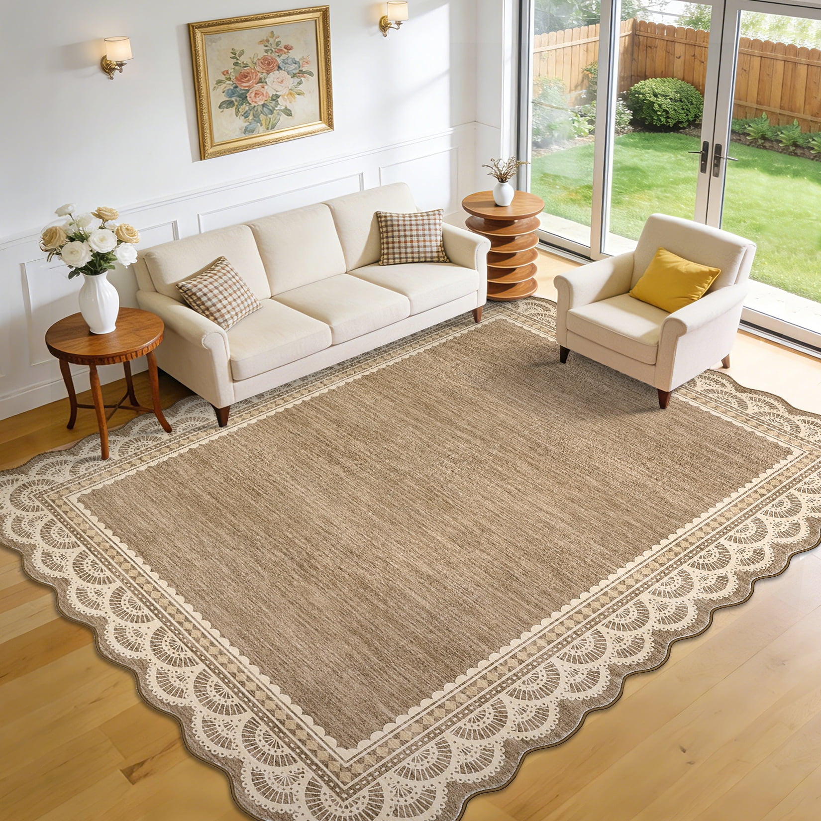 Garvee 9'x12' Scalloped Area Rug Modern Lace Edge Carpet, Washable Solid Rug Non-Slip Low Pile Indoor Mats for Living Room Bedroom Home Decor, Brown