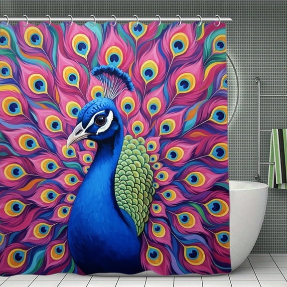 Blue Peacock Print Shower Curtain,Modern Fabric Waterproof Shower Curtain Set with Hooks 70.8×70.8Inch (180×180cm)