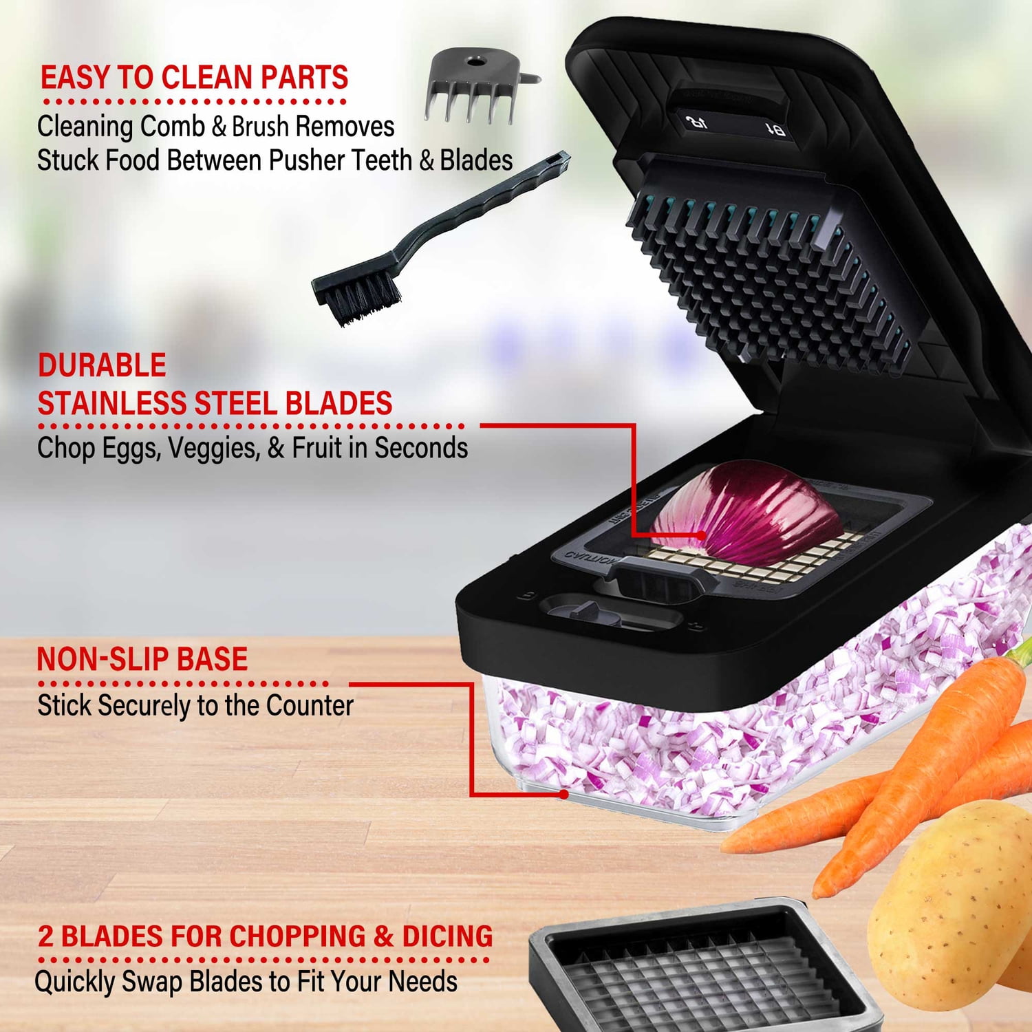 Brentwood Vegetable Chopper with 3.6-Cup Storage Container and 2 Interchangeable Stainless Steel Blades, Black, KA-5024BKS