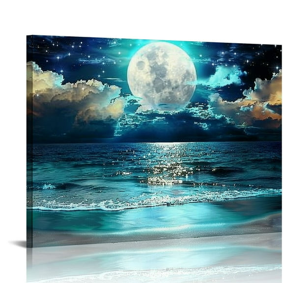 Creowell Wall Art Moon Sea Ocean Landscape Picture Canvas Wall Art Print Paintings Modern Artwork for Living Room Wall Decor and Home Décor Ready to Hang, Artwork.20x16 in/16x12 in