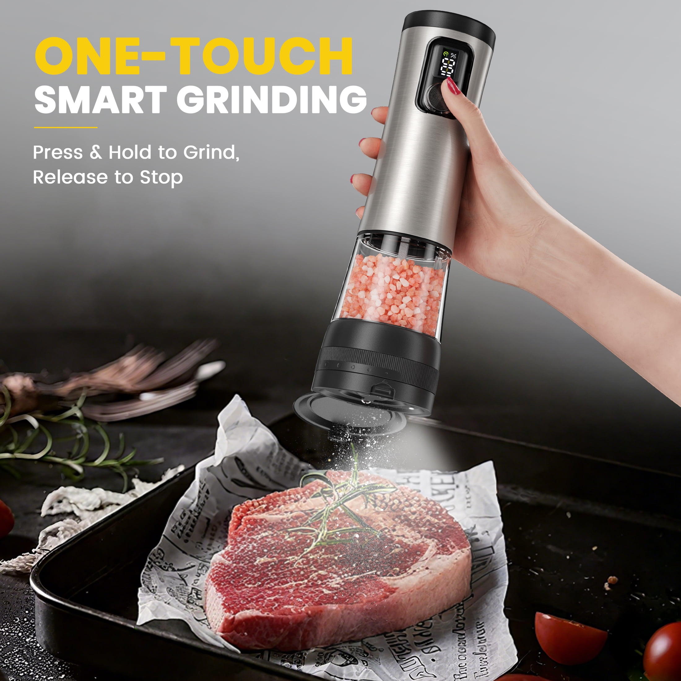 Moreblue Electric Salt and Pepper Grinder Set , Automatic Rechargeable Salt and Pepper Shaker with LED Battery Display & USB‑C Charging Base, Pepper Mill for Kitchen, Dining & Camping