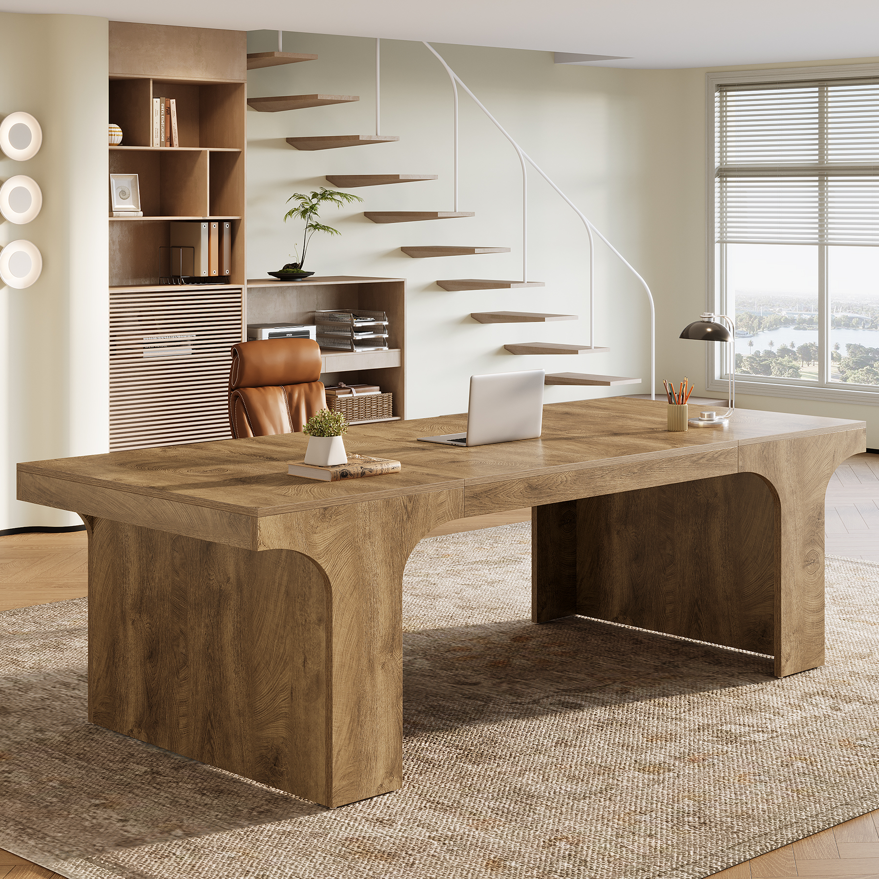 Tribesigns 70.87" Executive Office Desk, Large Workspace Computer Desk, Modern Wooden Table with Arched Design for Home Office, Brown