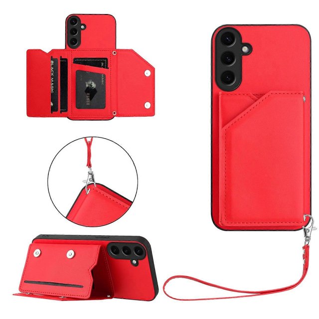 For Samsung Galaxy S24 Case Card Holder Kickstand Skin-Touch Phone Cover with Wrist Strap - Green