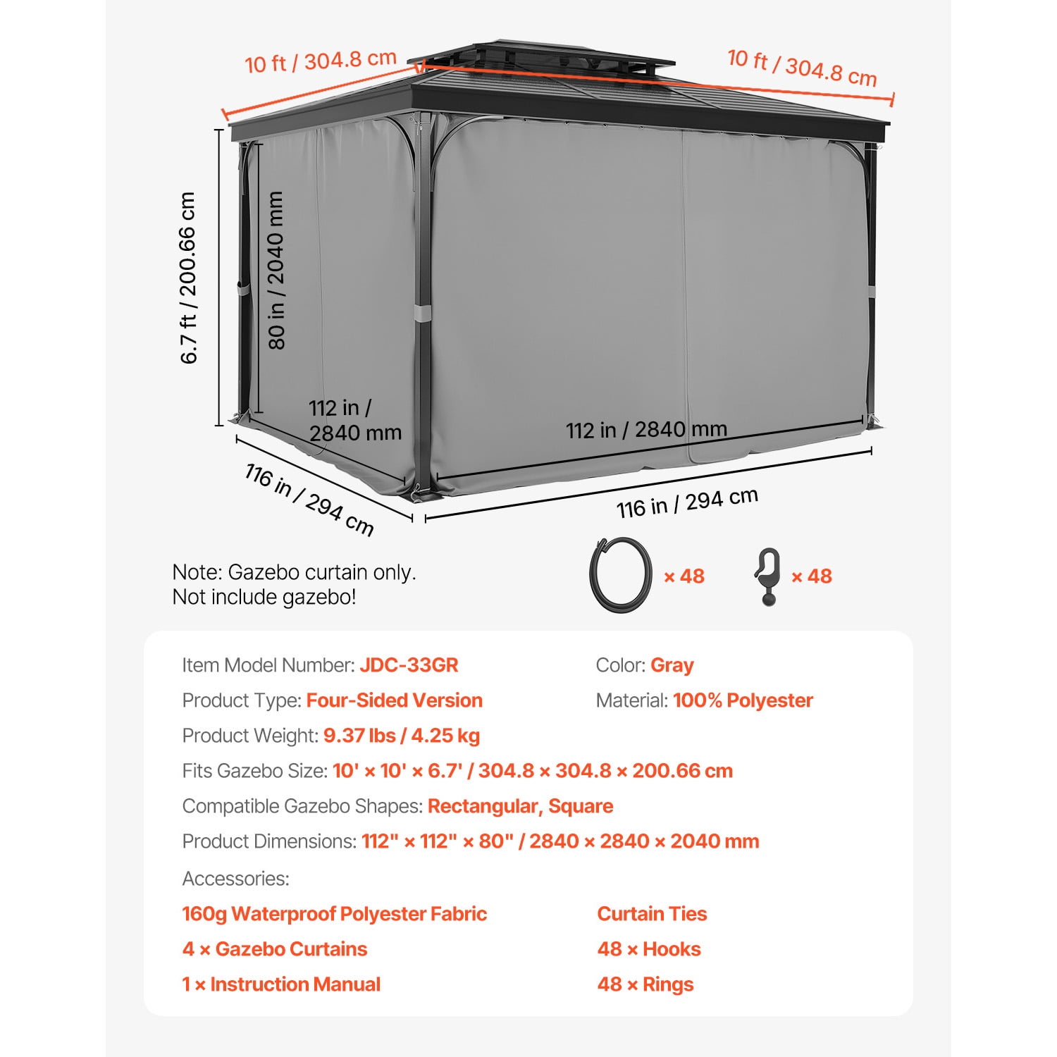 KFFKFF Outdoor Gazebo Privacy Curtains, Compatible with Most 10' x 10' x 6.7' Structures, 4-Panel Sidewalls with Zippers, 6.7' Tall Replacement Curtains for Patio Canopies, Gray, Curtain Only