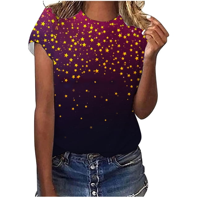 Blusa de manga corta con estampado digital de cuello redondo casual para mujer Pompotops hkajfhjk461661