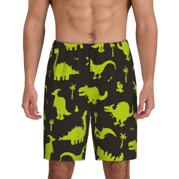 Balery Cute Cartoon Dinosaurs Pantalones cortos de pijama de punto de algodón para hombre con cinturilla y bolsillos-Large