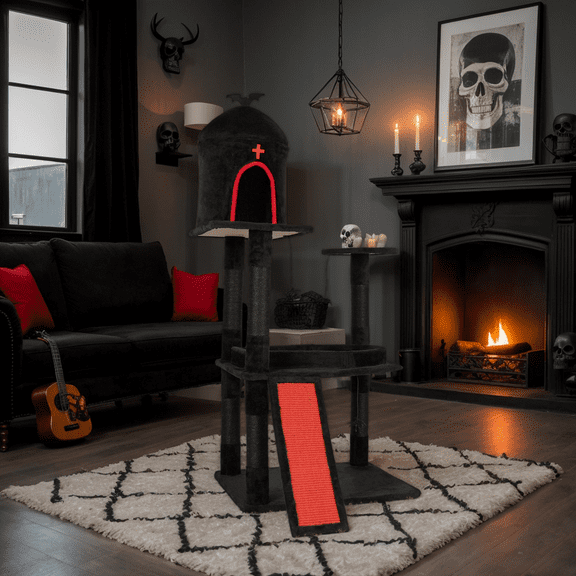 Zephypaws 54" Gothic Cat Tree with Coffin Bed for Large Adult Cats, Multi-Level Cat Tower with Cat Condo, Scratching Posts, Spider Web Perch & Hanging Toys, Halloween Cat Furniture for Indoor Cats