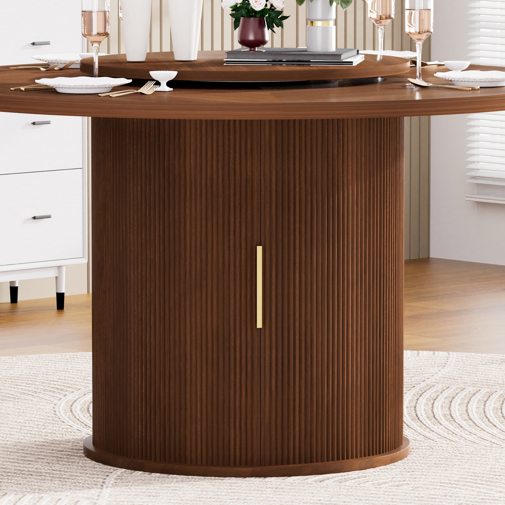 PORKISS Modern Round Dining Table, 55 Inch Circle Kitchen Tables for 6 with Double-tiered Storage Rack and Rotating Tabletop Tray, Wood Strip Base, Farmhouse Table for Kitchen, Dining Room, Walnut