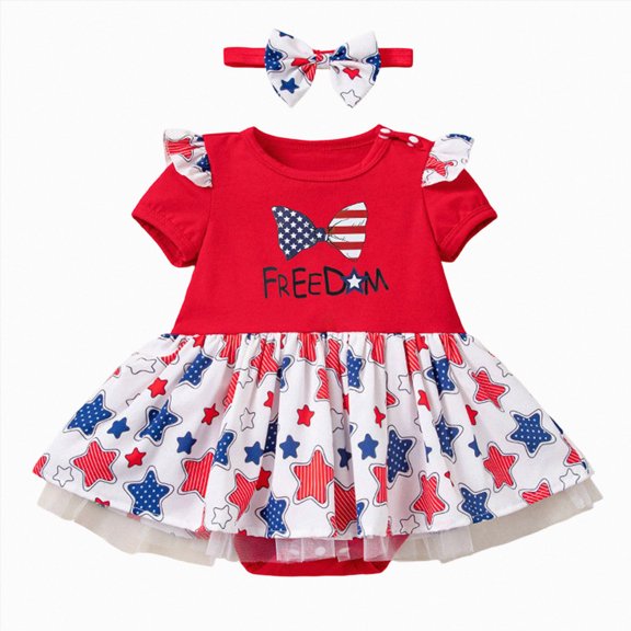 Duqingm Baby Girl 4th of July Outfits Newborn USA Bubble Smocked Romper Tutu Dress Ruffle American Flag Memorial Day Outfit(Watermelon Red,3-6 Months)