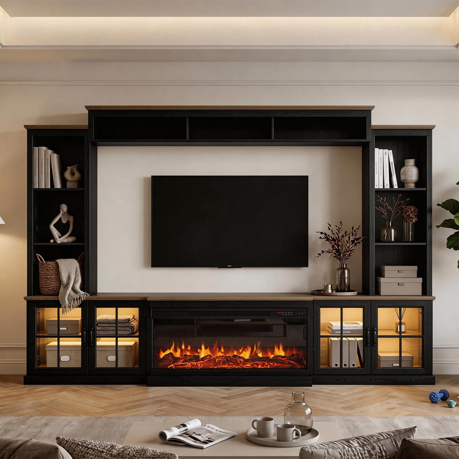 BaPiPro 98" Farmhouse TV Stand with Fireplace, Bookshelf, Entertainment Center for 75" TVs with Storage, Large Wall Unit Media Console for Living Room, Black