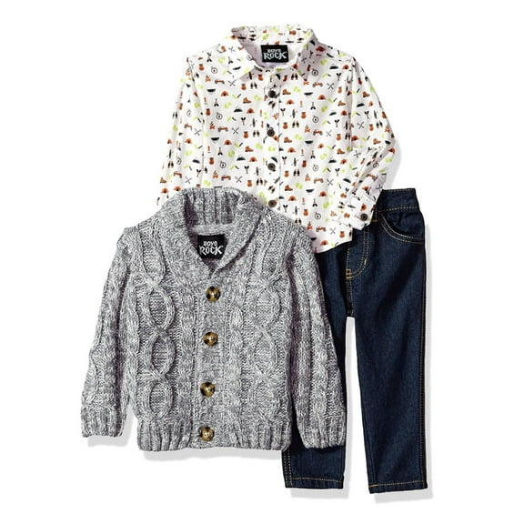 Infant & Toddler Boys 3-Piece Gray Cardigan Woven Shirt & Denim Pant Set