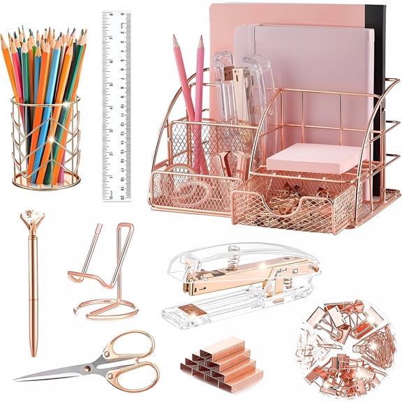 CCOCC Desk Organizers and Accessories,Rose Gold Office Supplies with Mesh Desk Organizer,Acrylic Stapler,Staples,Ballpoint Pen,Clips Set,Pen Holder,Ruler,Scissor,Phone Holder