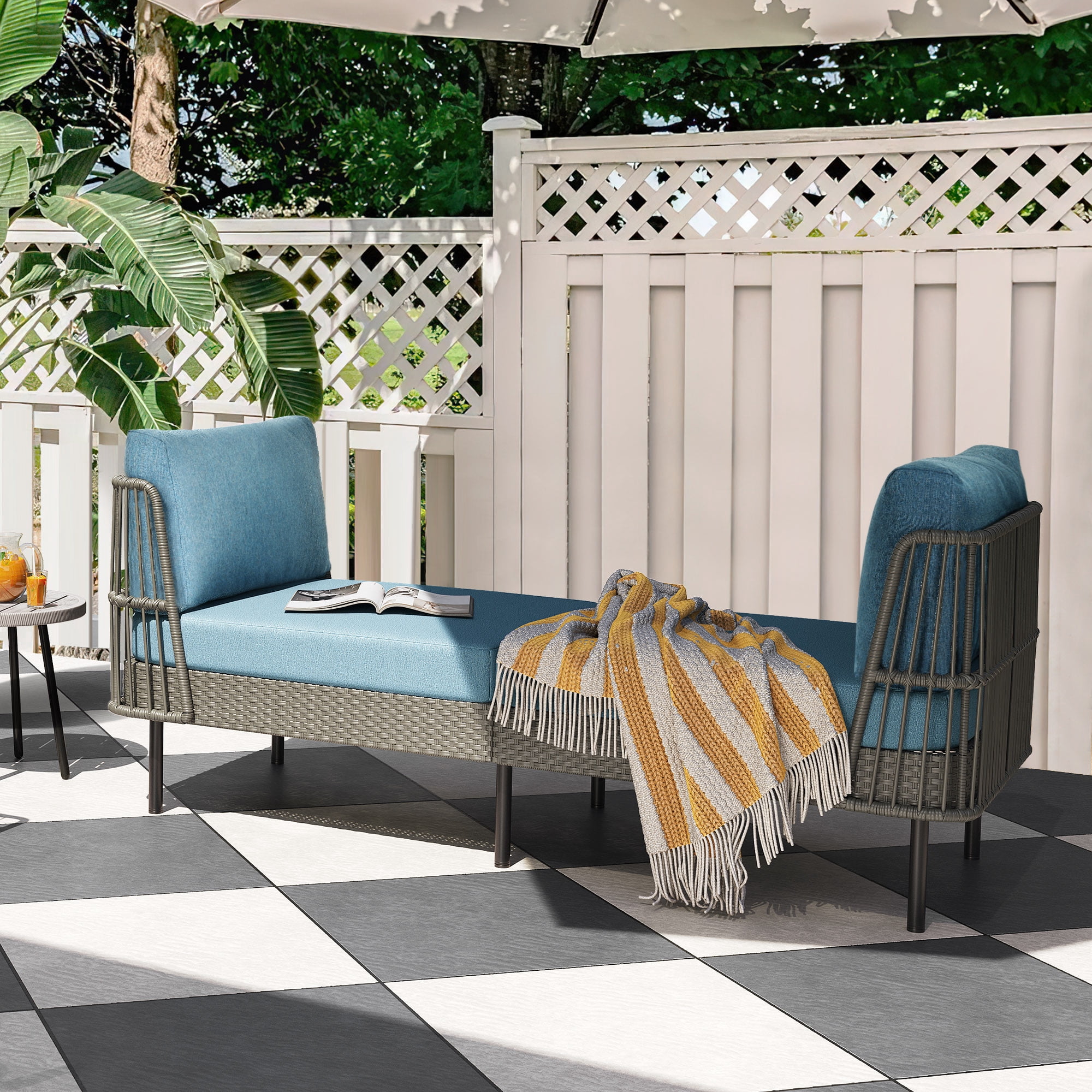 Dextrus Outdoor Daybed 74in Wicker Patio Sofa Bed With Thickness Cushion Indoor Bed Lounger for Balcony Garden Deck Lawn - Blue