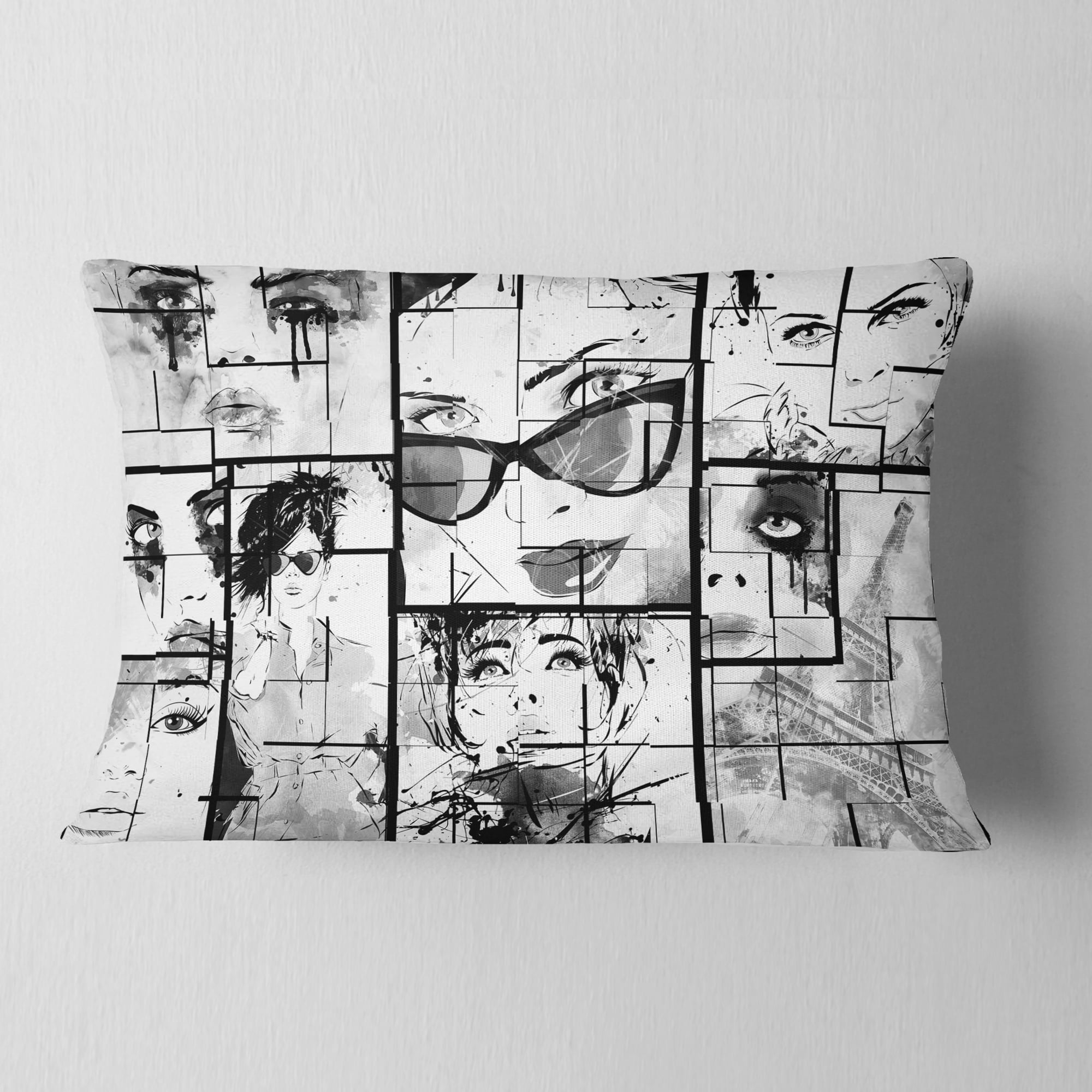 Designart Many Girl Faces Collage - Abstract Portrait Throw Pillow - 12x20