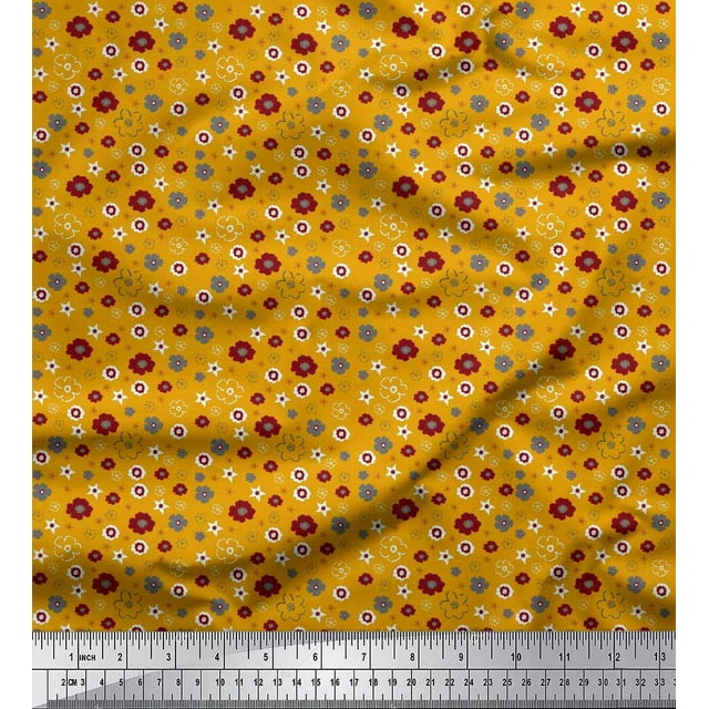 Soimoi Gold Georgette Viscose Fabric Flower Artistic Print Fabric by Yard 42 Inch Wide