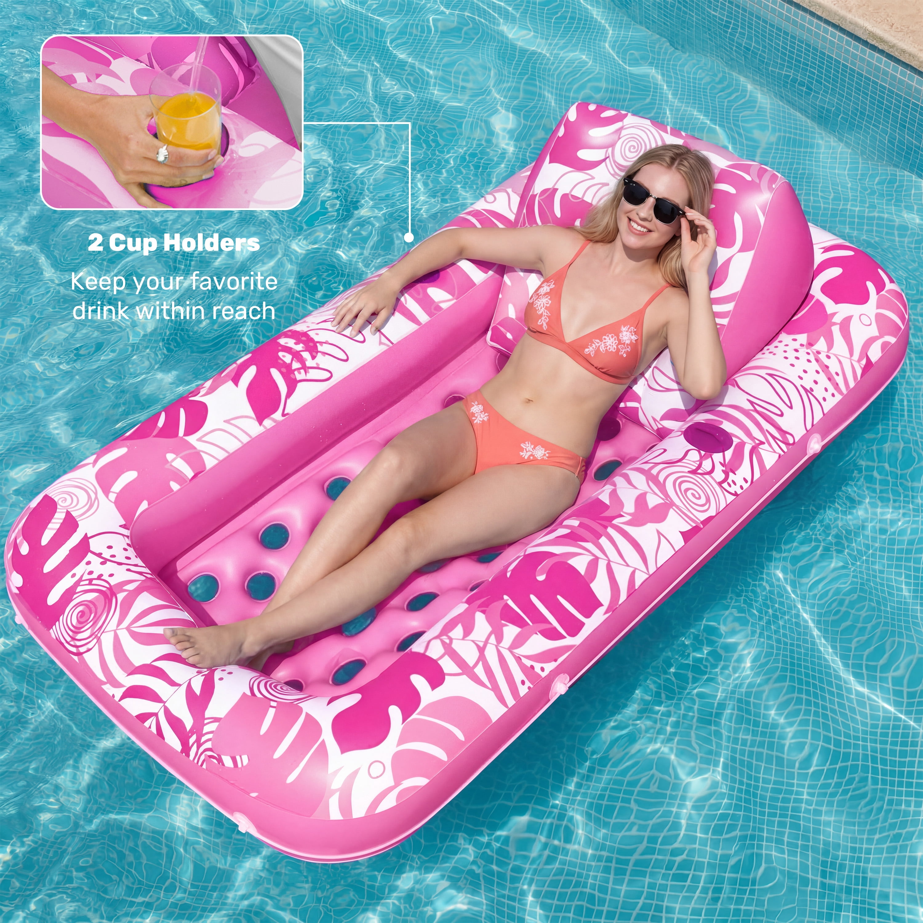 Joyfy Inflatable Pool Floats for Adults, 72" x38'' Daybed Pool Lounger Adults with Cup Holders, Adjustable Backrest Tanning Lounger Chair, Ultra-Comfort Pool Floaties Raft Lake Beach Float(Pink)