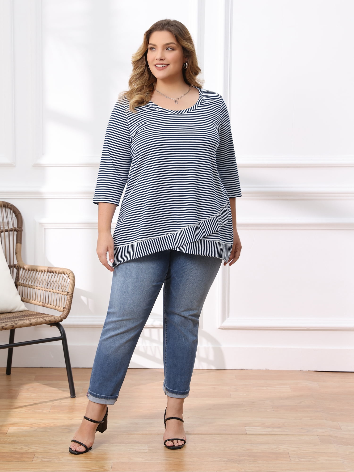 Women's Plus 3/4 Sleeve Striped Loose Casual Tunic Top Scoop Neck High Low Hem Blouse 2X Navy Blue