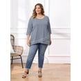 thumbnail image 2 of Women's Plus 3/4 Sleeve Striped Loose Casual Tunic Top Scoop Neck High Low Hem Blouse 2X Navy Blue, 2 of 6