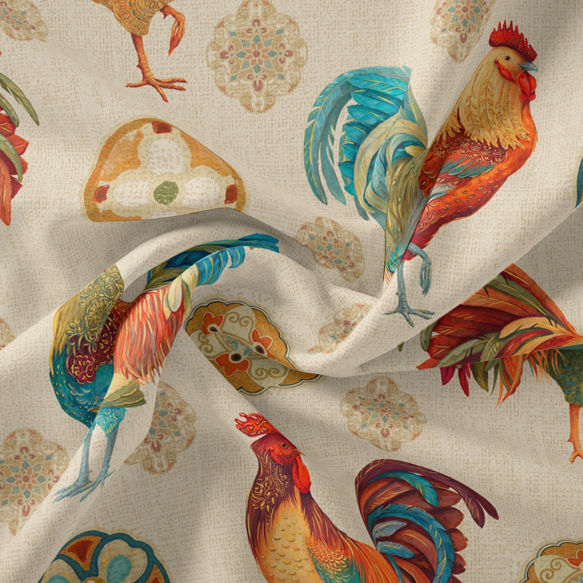 David Textiles Rooster Medallion Linen 1 yd Cotton Precut Fabric