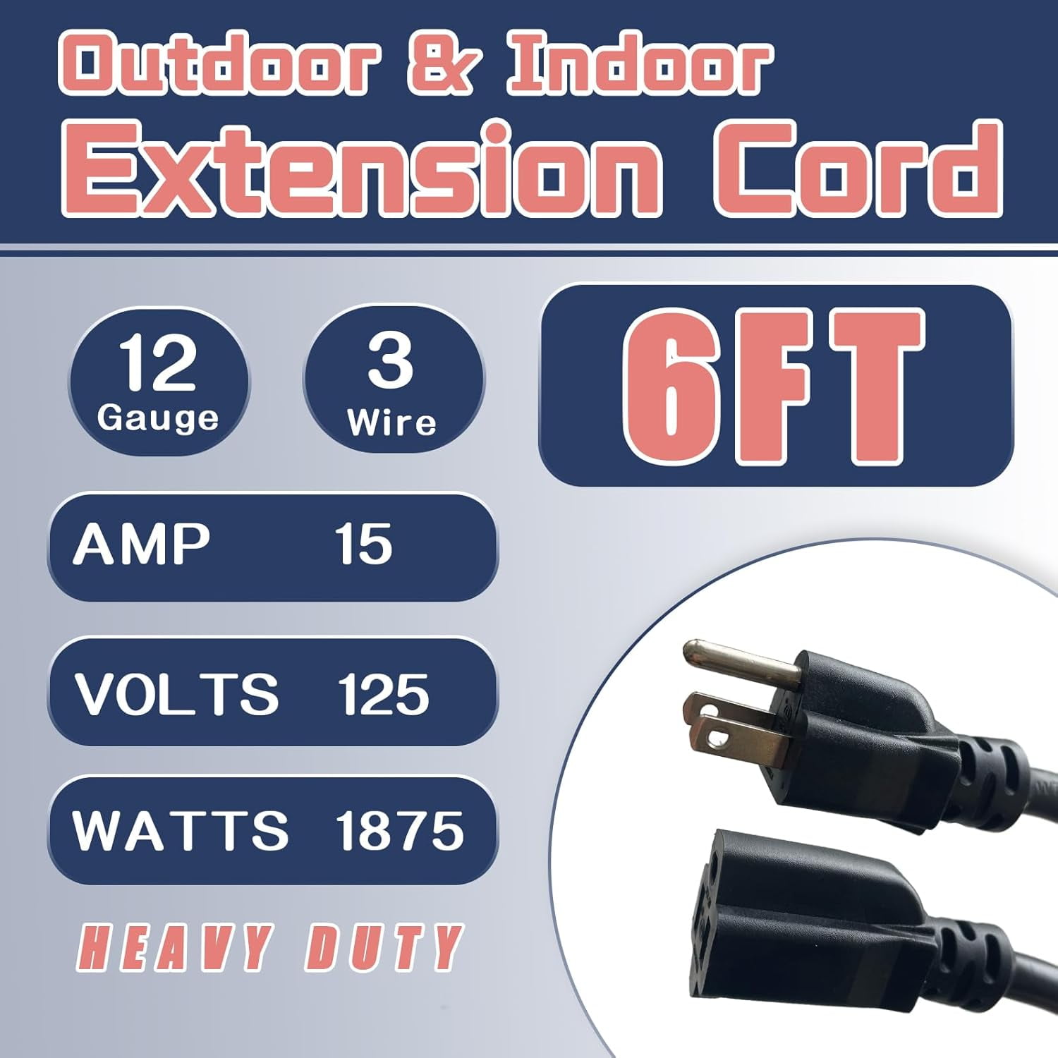 JJEAN-6 Ft Outdoor Extension Cord - 12/3 SJTW Heavy Duty Black Extension Cable with 3 Prong Grounded Plug - Power Cord for Lawn, Garden, Appliances