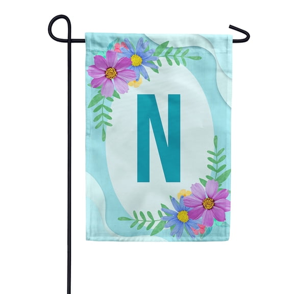 America Forever Spring Monogram Garden Flag Letter N 12.5 x 18 inches Double Sided Vertical Outdoor, Yard, Lawn, Pink and Blue Flowers, Cosmos, Leaves, Summer Flower Garden Flag